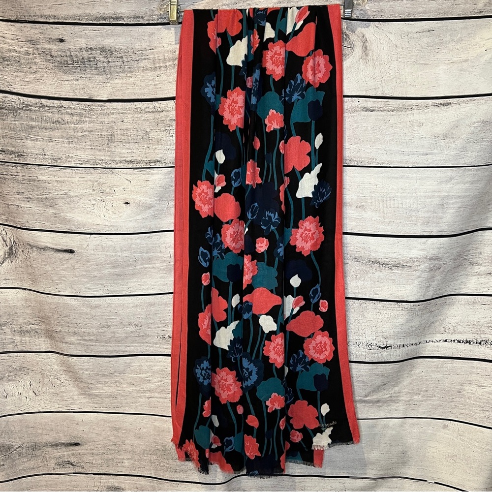 Kate Spade Viney Floral Scarf Black Coral Pink Green Blue Shawl - Picture 3 of 10